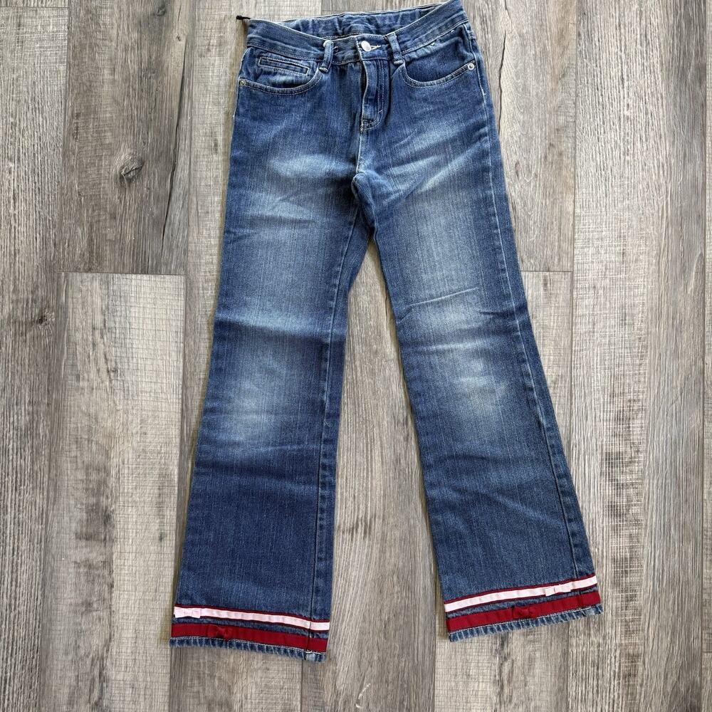 Y2K Gymboree Girl Size 12 Jeans Red Pink Stripe Denim Flare 2010 Ribbon Bow